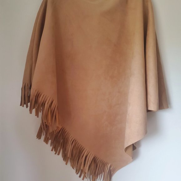 Southwestern Fall Poncho Women's Size XL Fringed Trim Neutral Faux Suede Boho - Picture 12 of 13